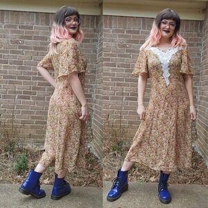 80's Vintage Granniecore White Lace Brown Floral Midi Dress Cottagecore